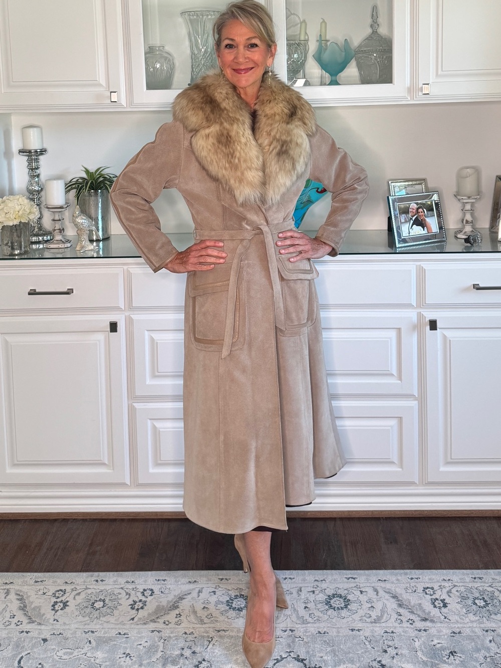 VINTAGE Lillie Rubin suede and leather trimmed coat with lamb fur collar